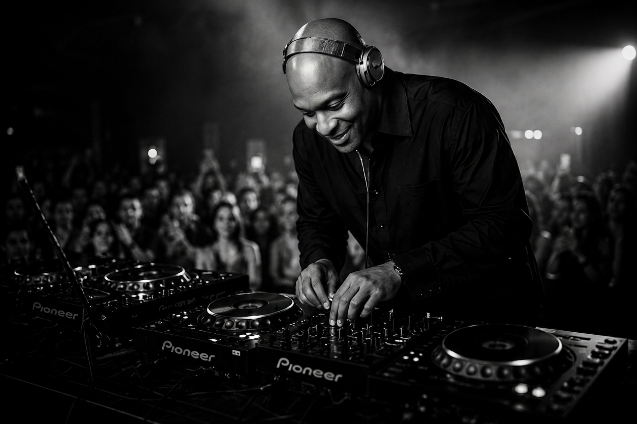 UCH performing at the DJ booth with a crowd behind him